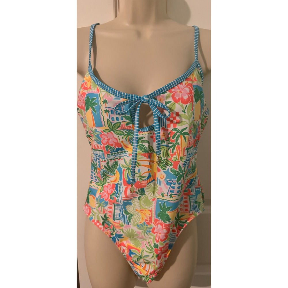 NWT No Boundaries Multi Beach Theme 1-Pc Swimsuit Cheeky High Leg M (8-10)